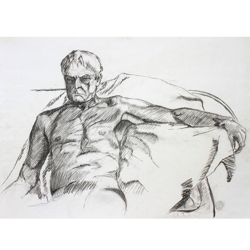 Male nude reclining. Life drawing Charcoal on heavy paper. J Walker copyright 2022