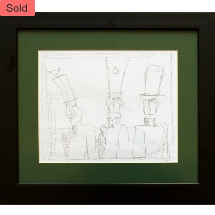 IPreparatory sketch. Three men in green velvet hats. J Walker copyright 2022