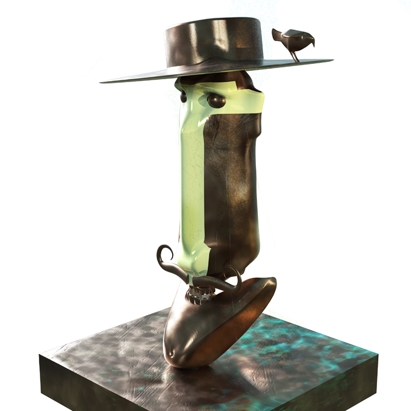 Bandit-with-bird-bronze and enamel-sculpture-J-Walker-2022