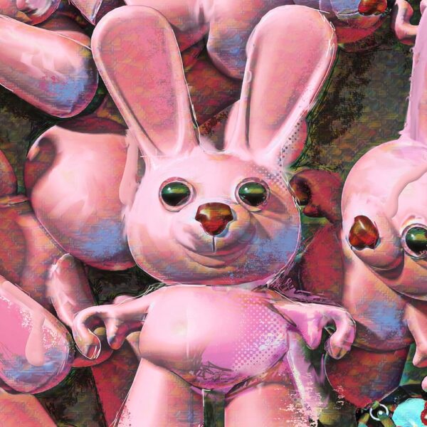 Dark Rabbit artwork by JJ Walker copyright 2023. Pink rabbit detail