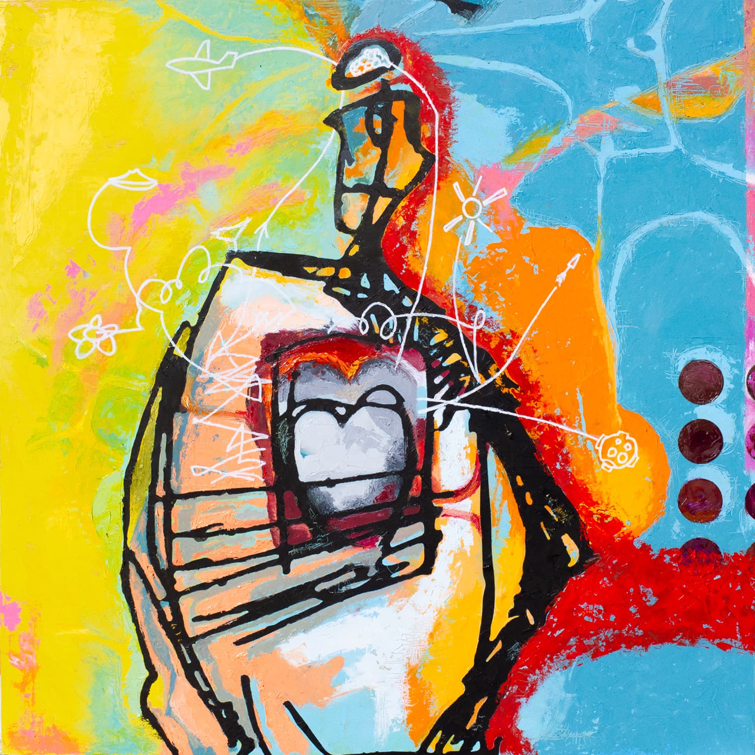 Oil on wood panel copyright JJ Walker 2023. Title Love cam and the heart made the head its fool