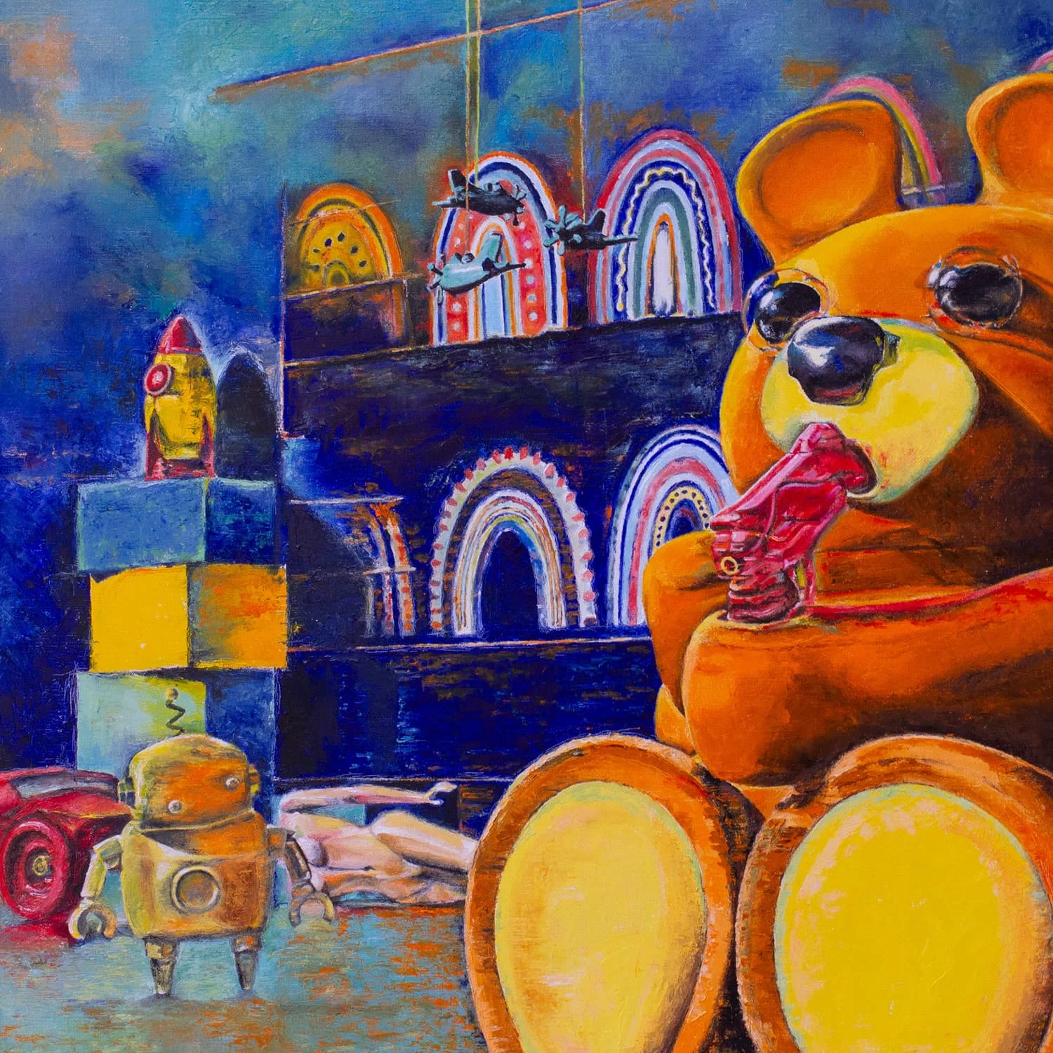 Oil on canvas. Teddy bear suicide 100cm x 100cm x 3.5cm